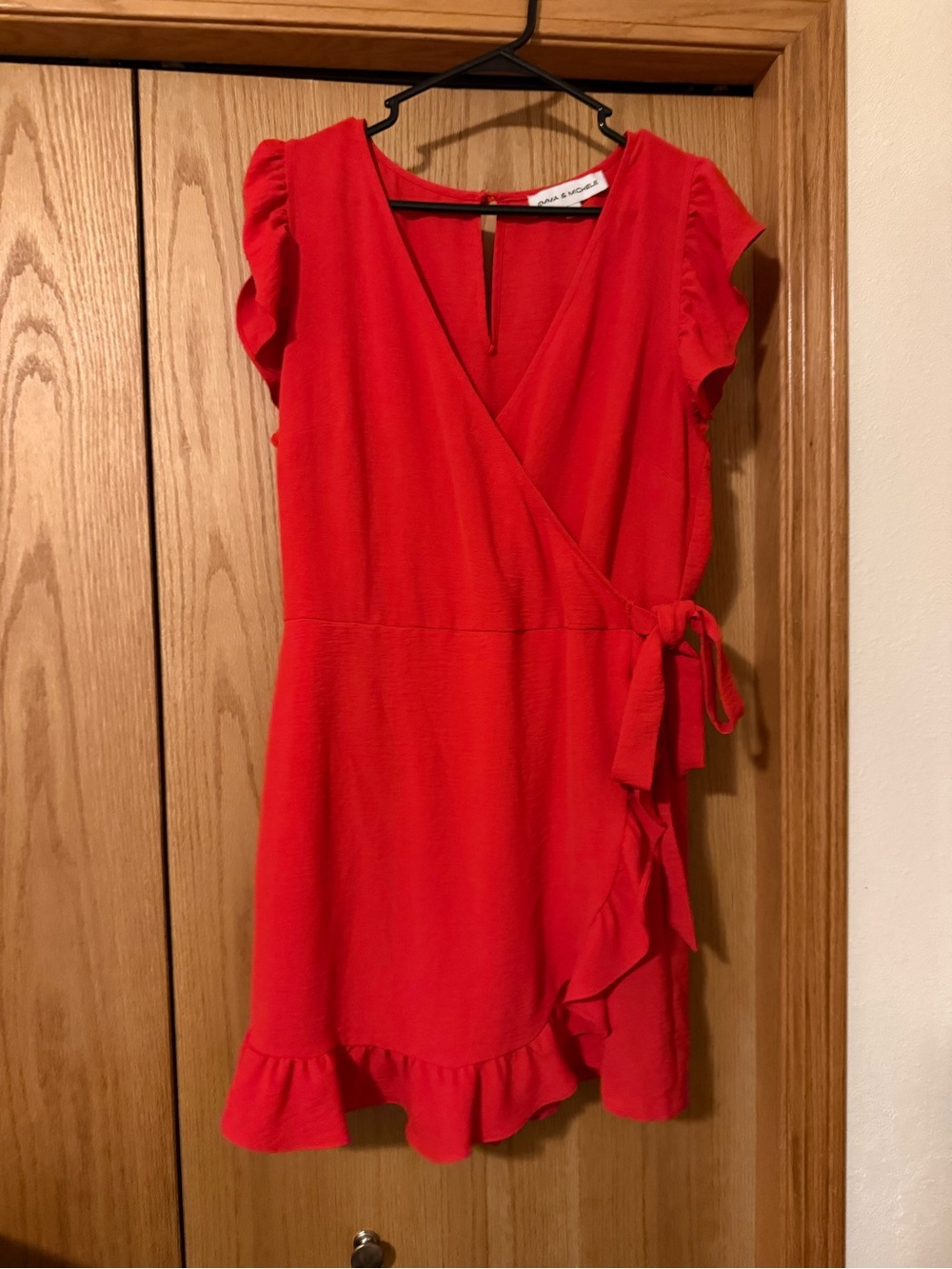 Emma & Michele Red Wrap Romper with Ruffle Trim